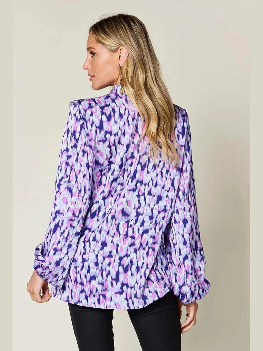 Double Take Full Size Printed Ruffle Trim Balloon Sleeve Shirt -- 