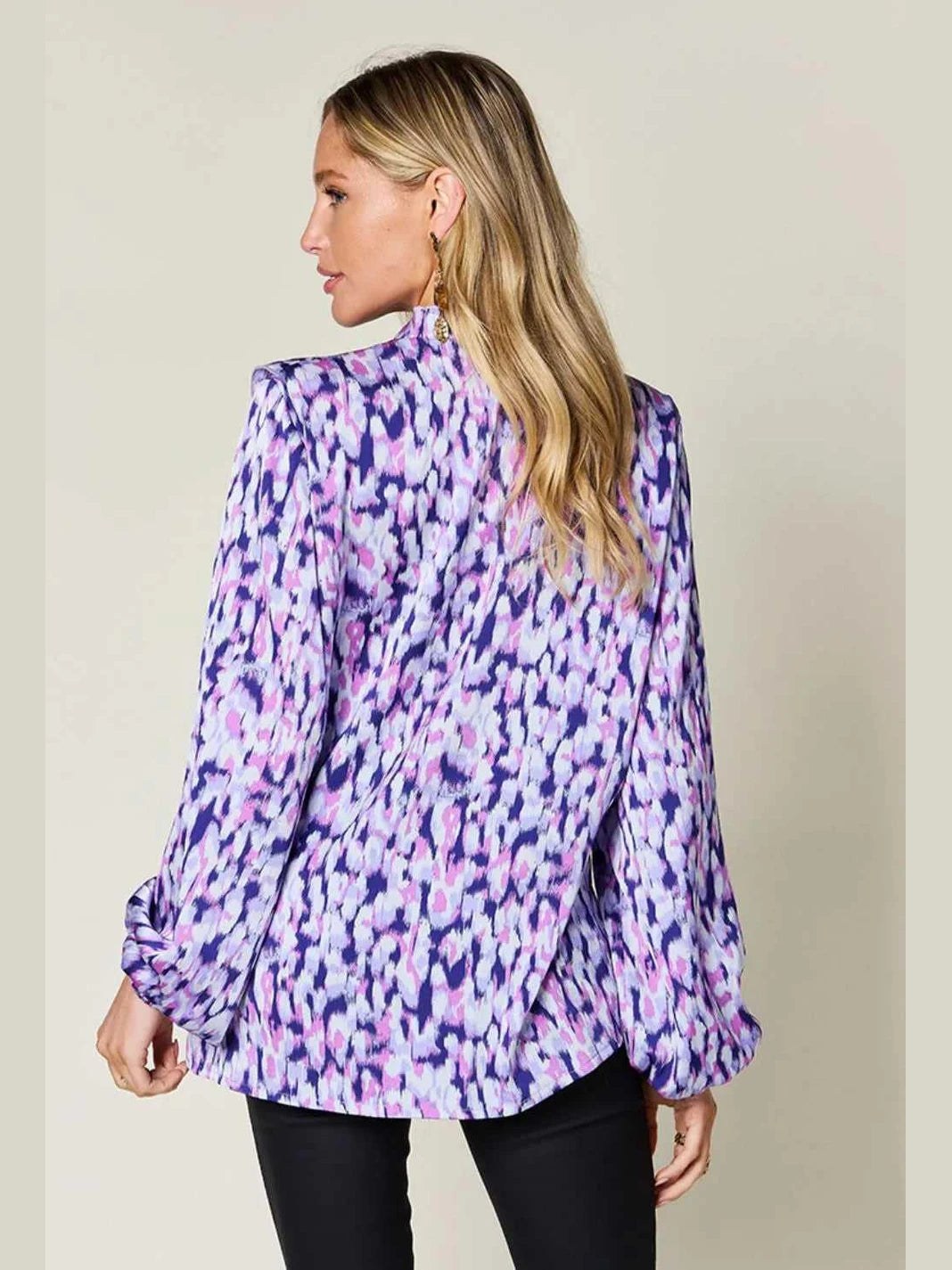 Double Take Full Size Printed Ruffle Trim Balloon Sleeve Shirt -- 