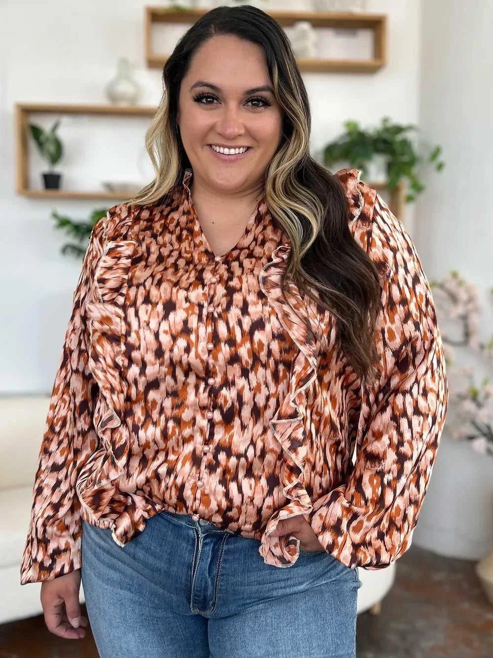 Double Take Full Size Printed Ruffle Trim Balloon Sleeve Shirt -- 