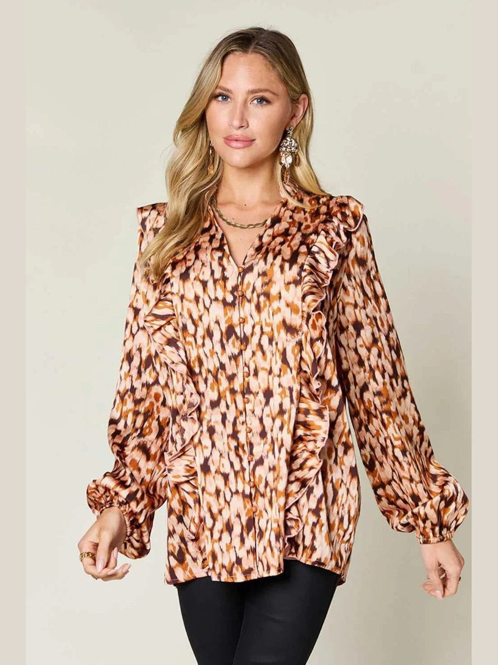 Double Take Full Size Printed Ruffle Trim Balloon Sleeve Shirt -- 