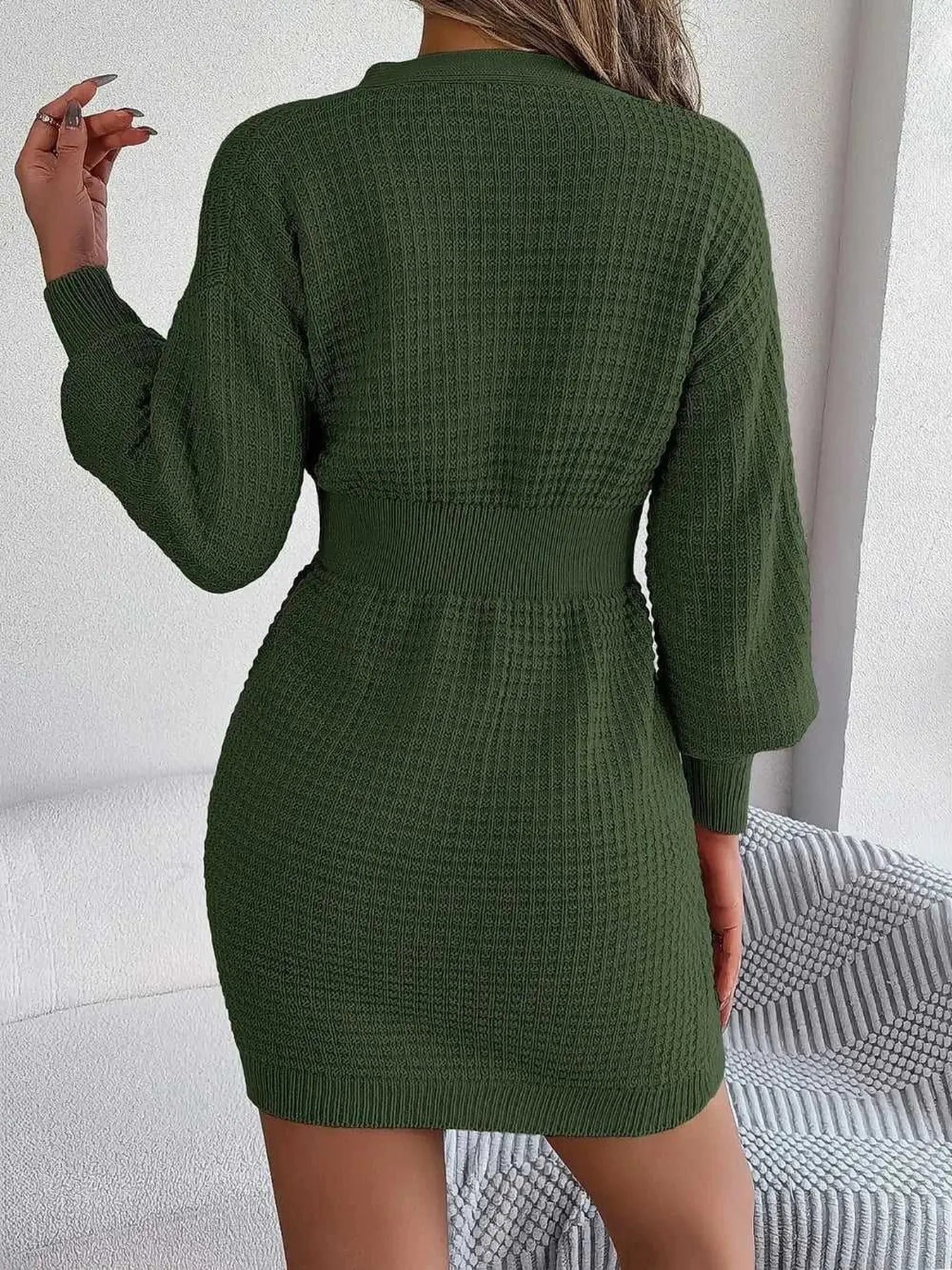 Buttoned Cable-Knit V-Neck Sweater Dress -- 