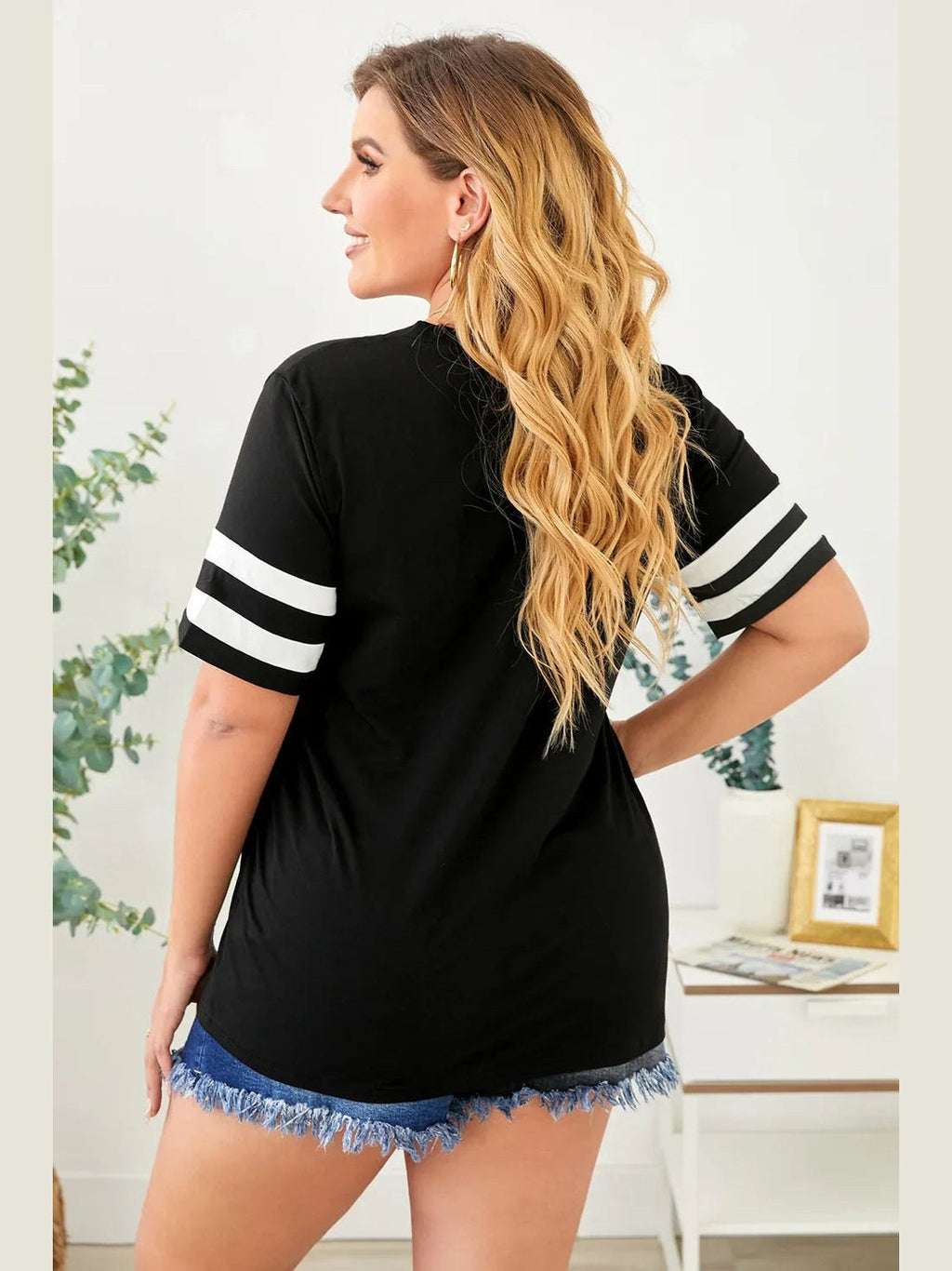 Plus Size Striped V-Neck Tee Shirt -- 
