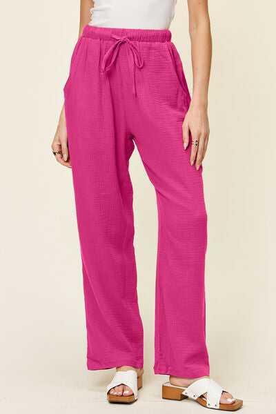 Double Take Full Size Texture Drawstring Straight Pants -- 