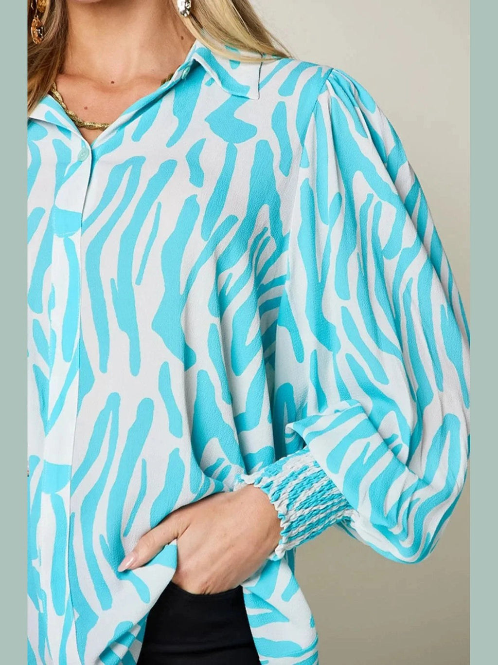 Double Take Full Size Printed Smocked Long Sleeve Blouse Plus Size -- 