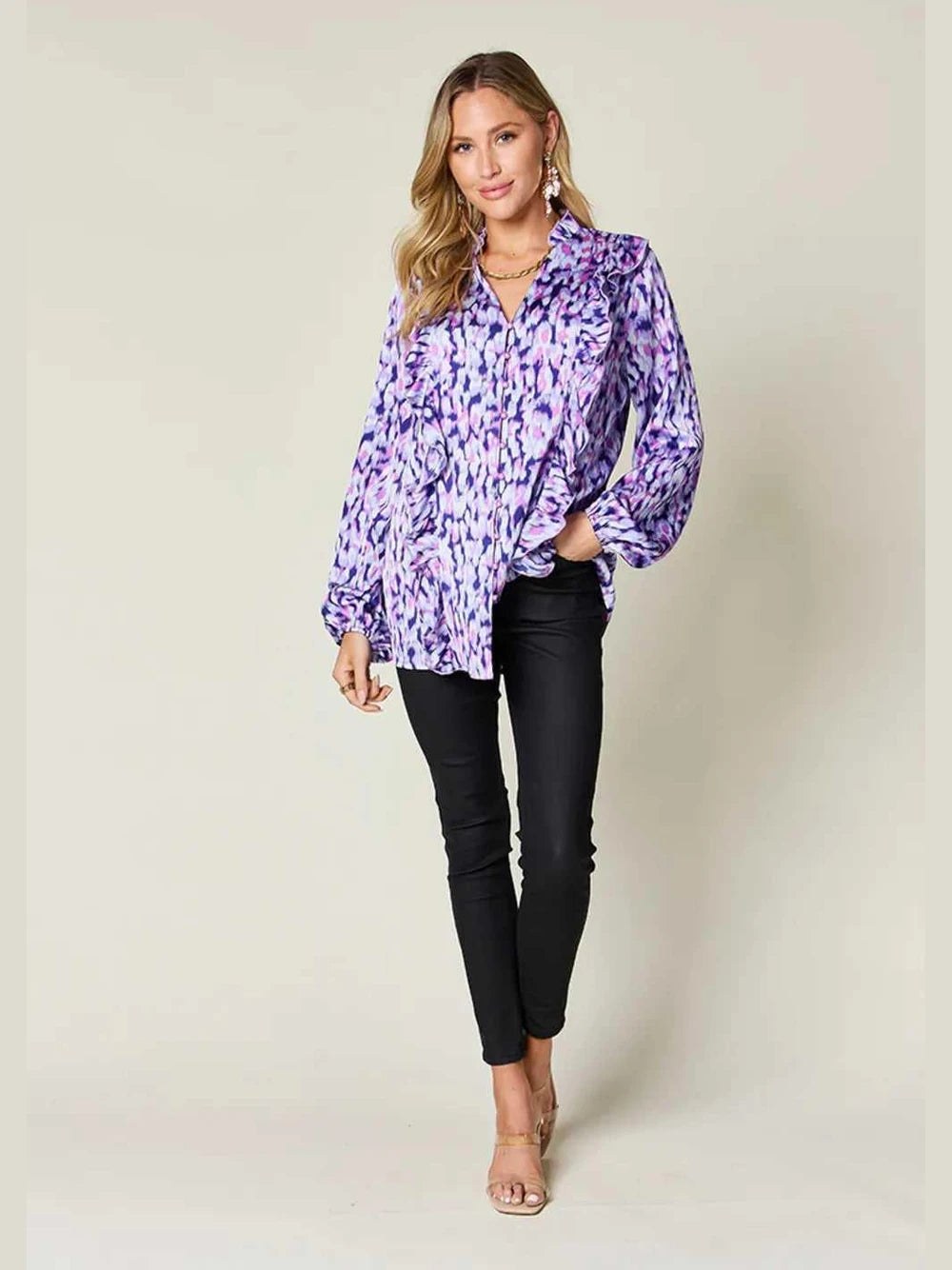 Double Take Full Size Printed Ruffle Trim Balloon Sleeve Shirt -- 