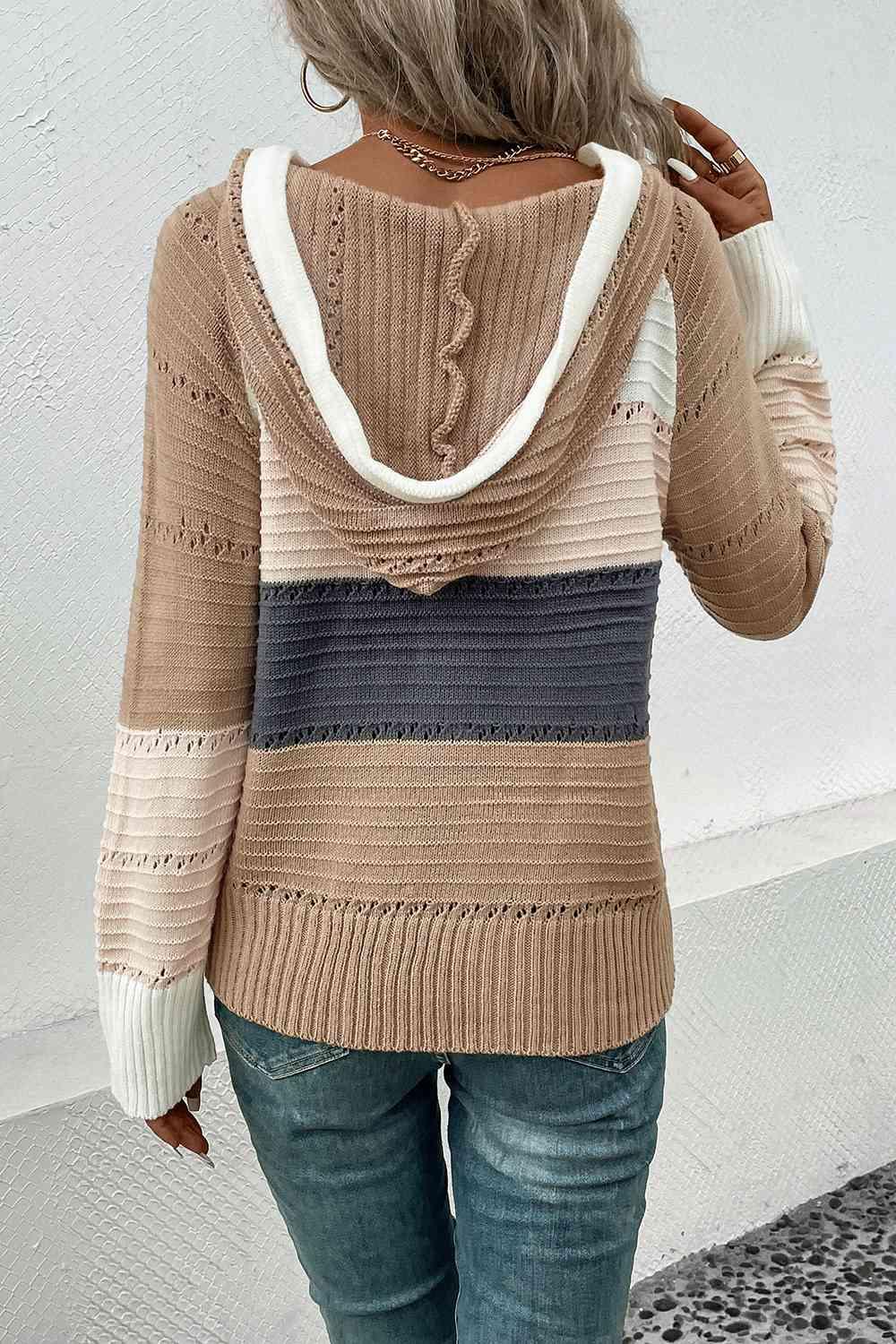 Perfee Color Block Drawstring Hooded Sweater -- 