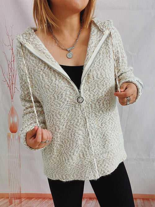 Zip Up Drawstring Long Sleeve Hooded Sweater -- 