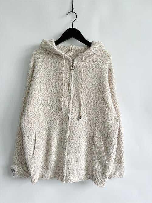 Zip Up Drawstring Long Sleeve Hooded Sweater -- 