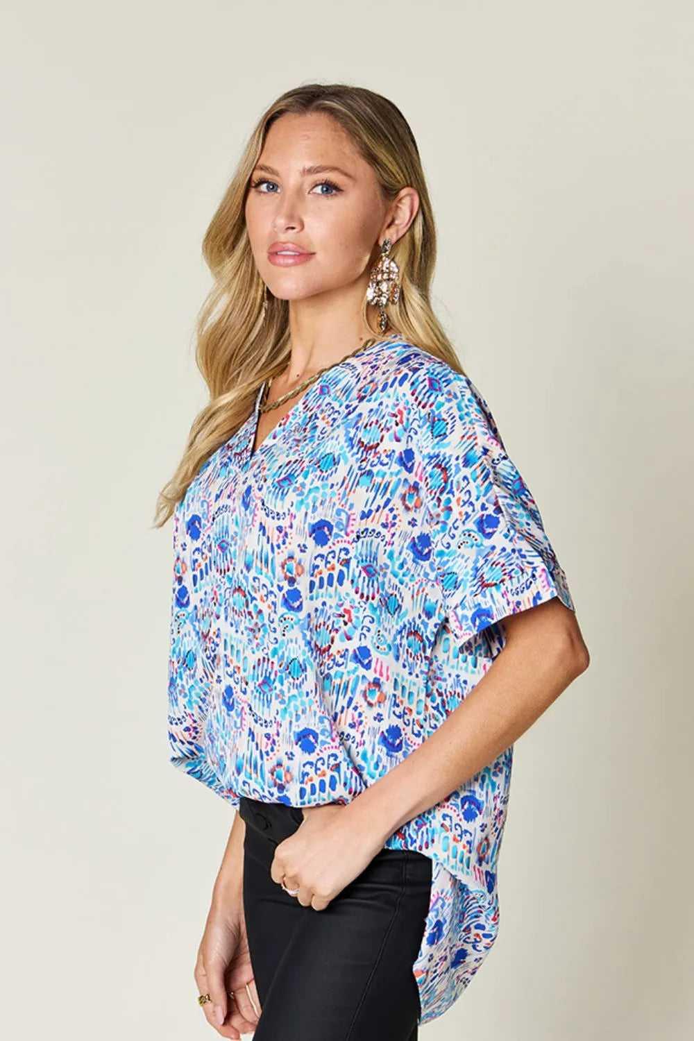 Double Take Full Size Printed V-Neck Short Sleeve Blouse -- 
