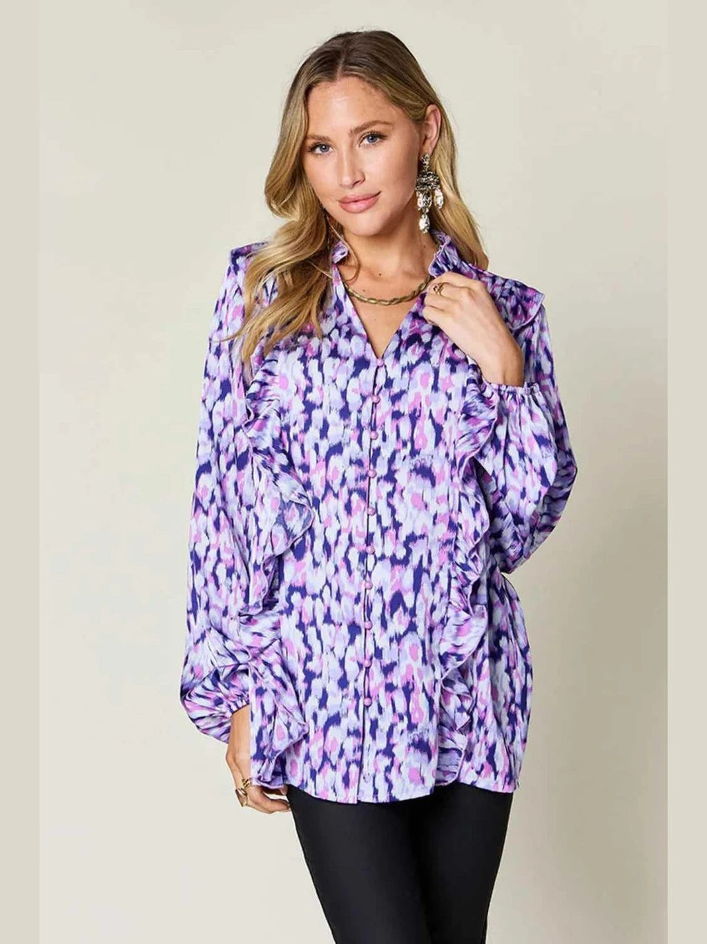 Double Take Full Size Printed Ruffle Trim Balloon Sleeve Shirt -- 