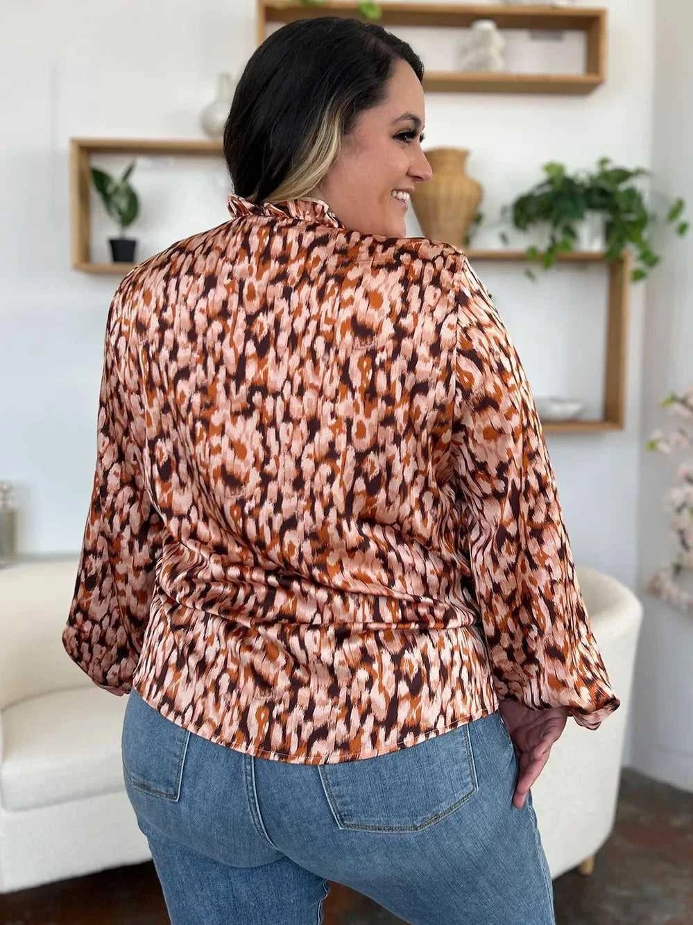 Double Take Full Size Printed Ruffle Trim Balloon Sleeve Shirt -- 