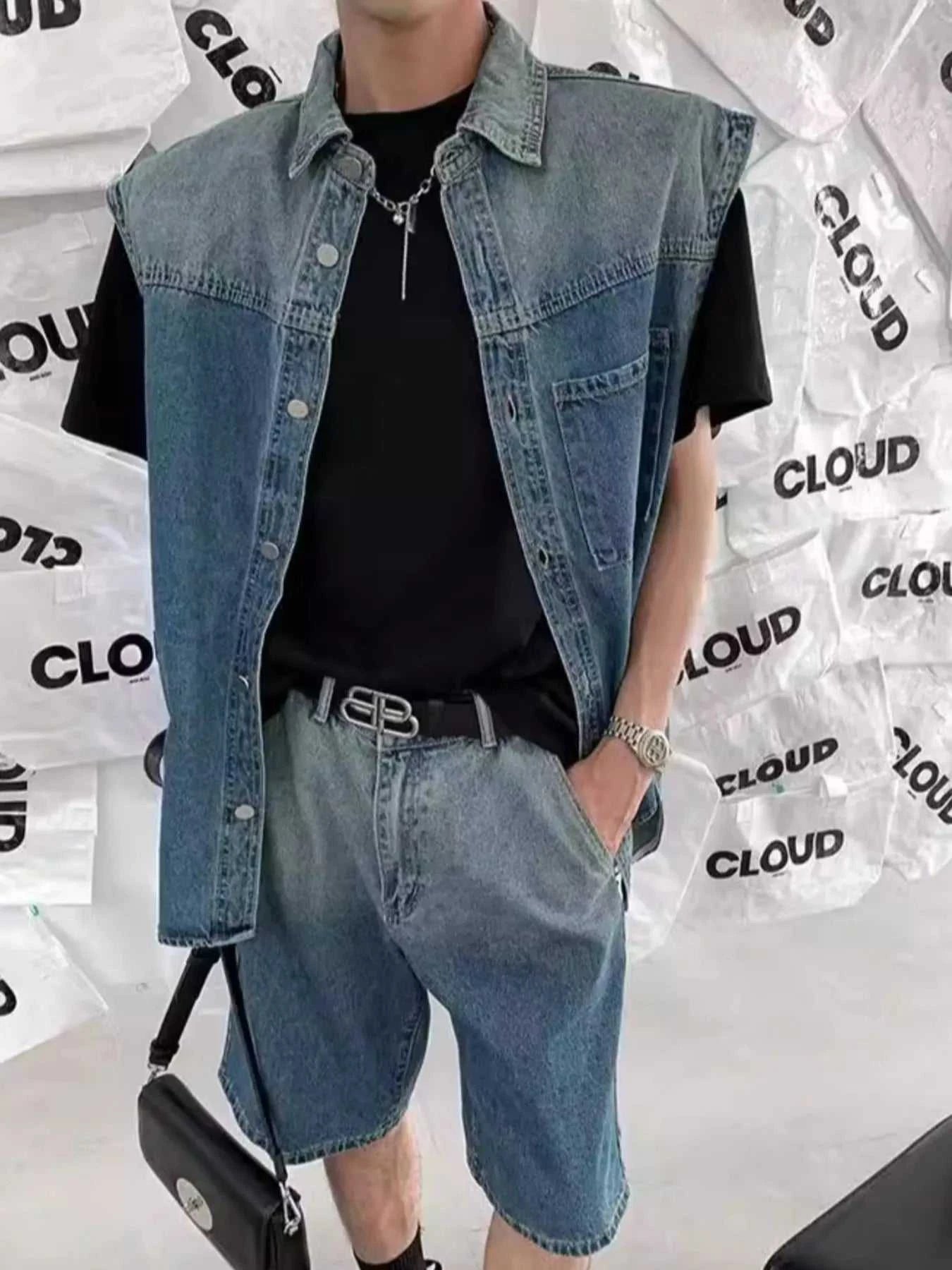 Men's Plus Size Button Up Vest and Shorts Denim Set