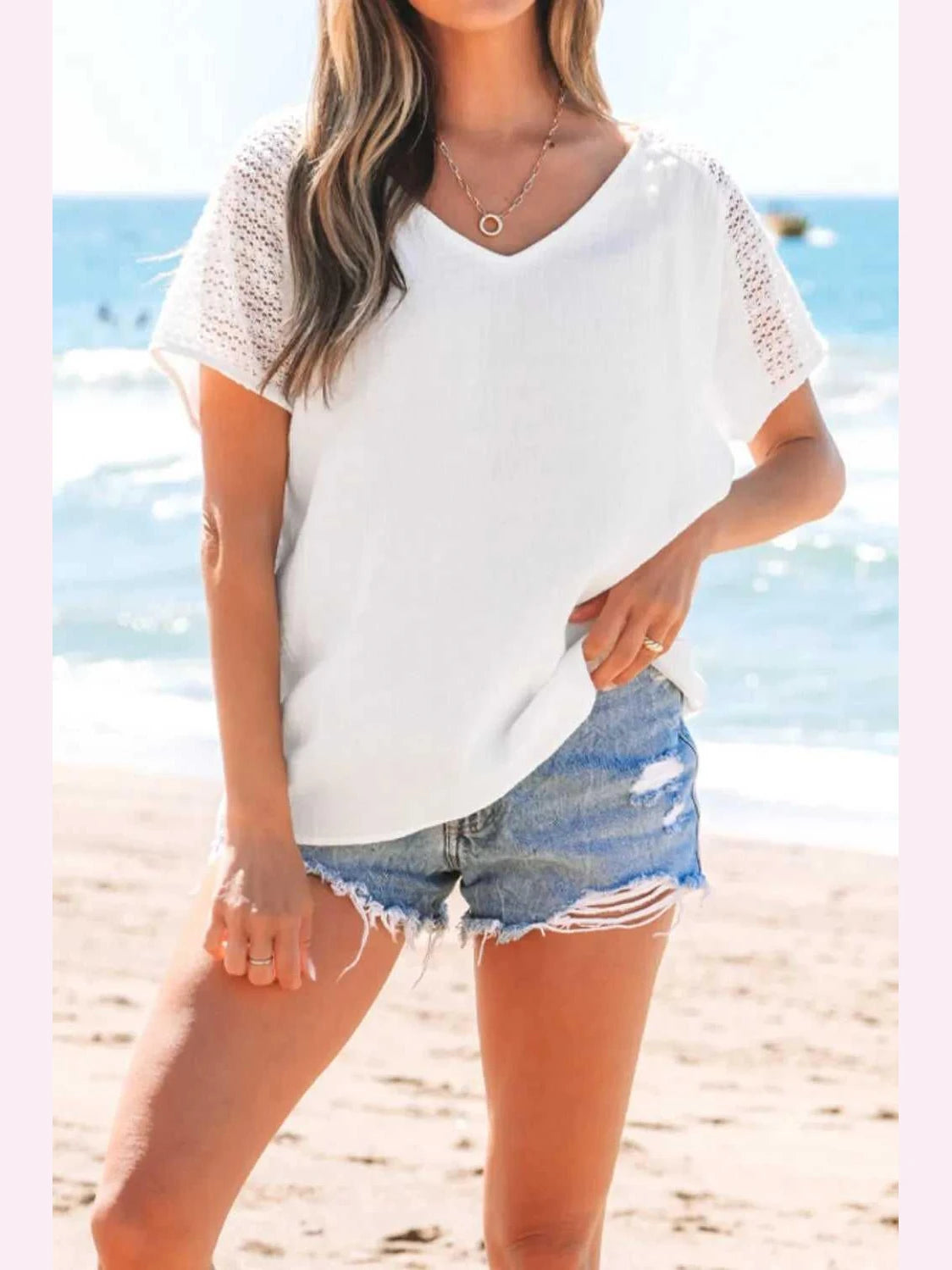 Lace Crochet Textured Button Back V Neck T Shirt -- 