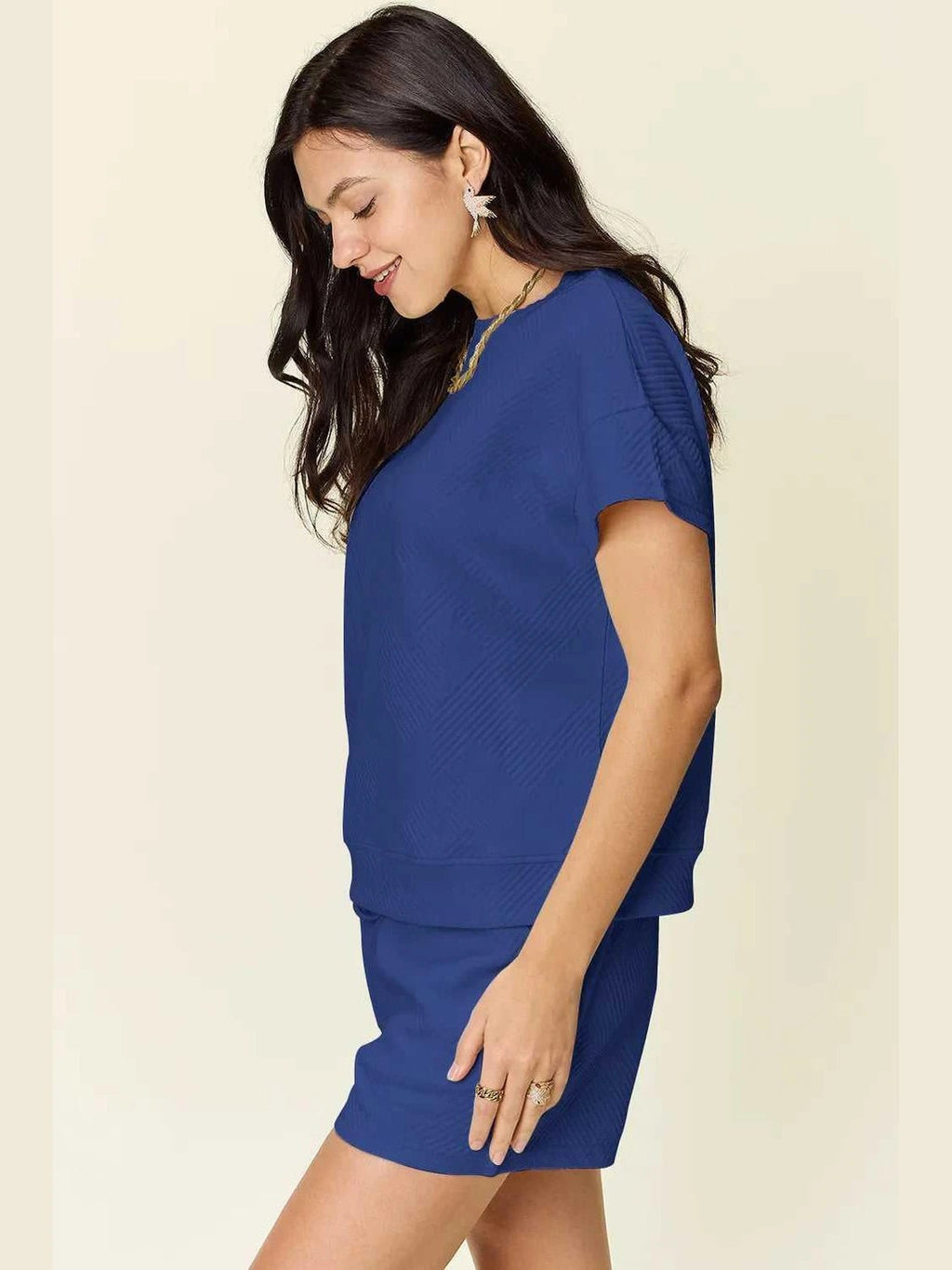 Double Take Full Size Texture Short Sleeve T-Shirt and Drawstring Shorts Set -- 