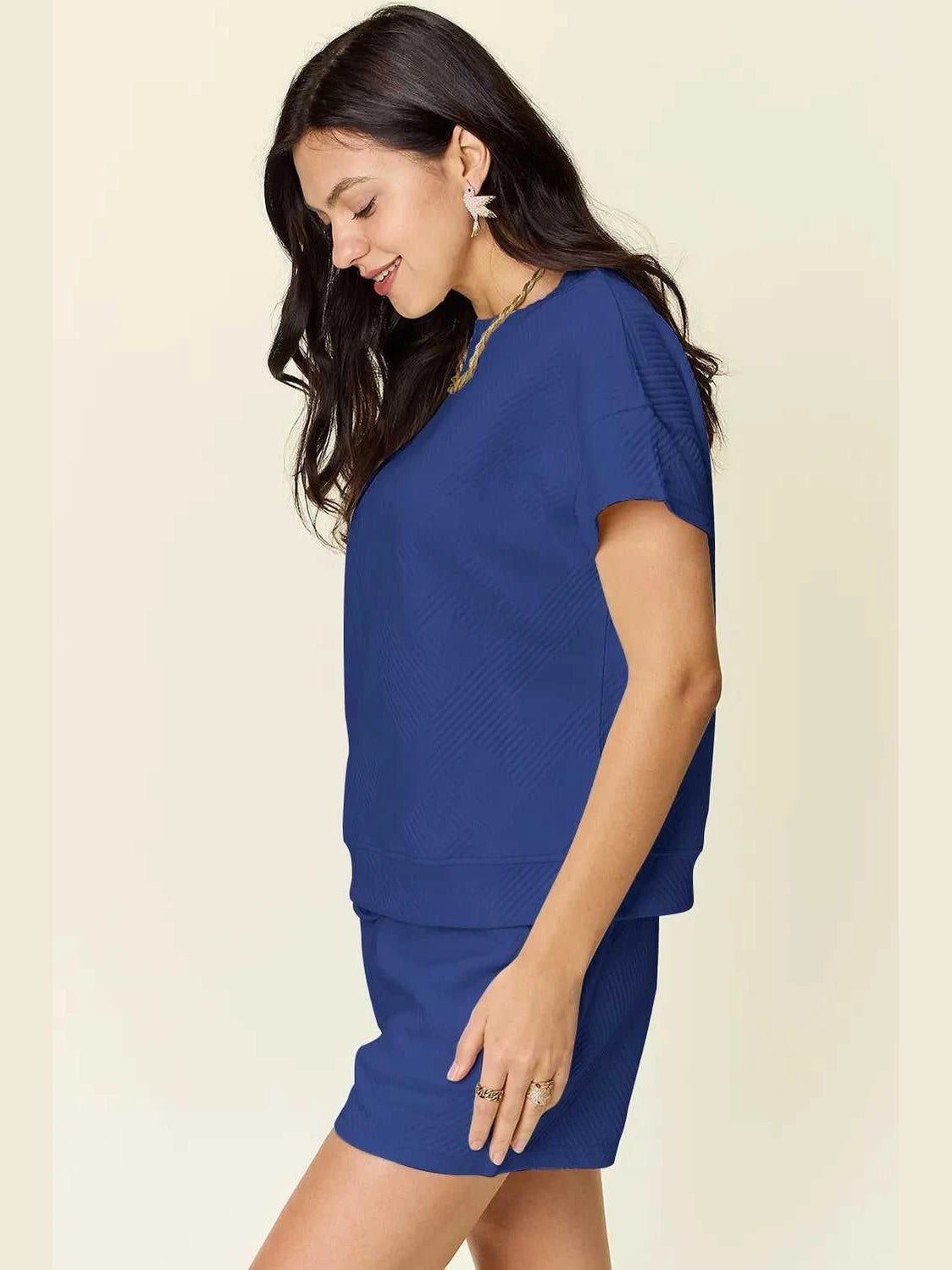 Double Take Full Size Texture Short Sleeve T-Shirt and Drawstring Shorts Set -- 