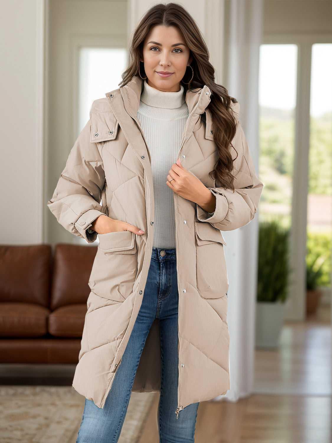 Long Sleeve Longline Hooded Winter Coat with Pockets -- 