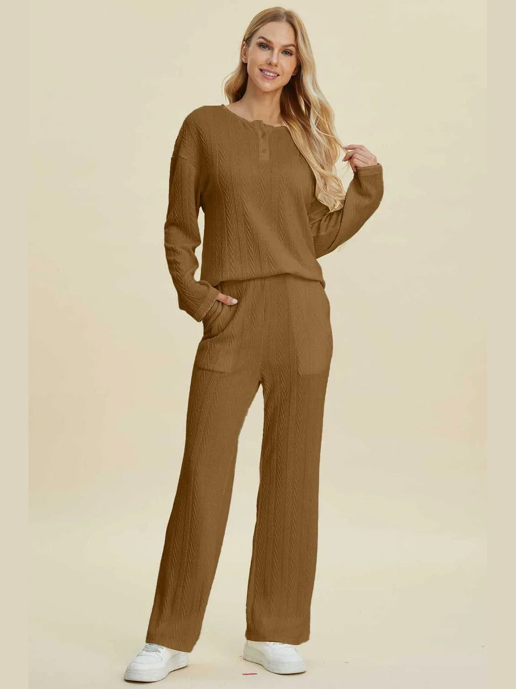 Double Take Full Size Cable-Knit Long Sleeve Top and Pants Set -- 