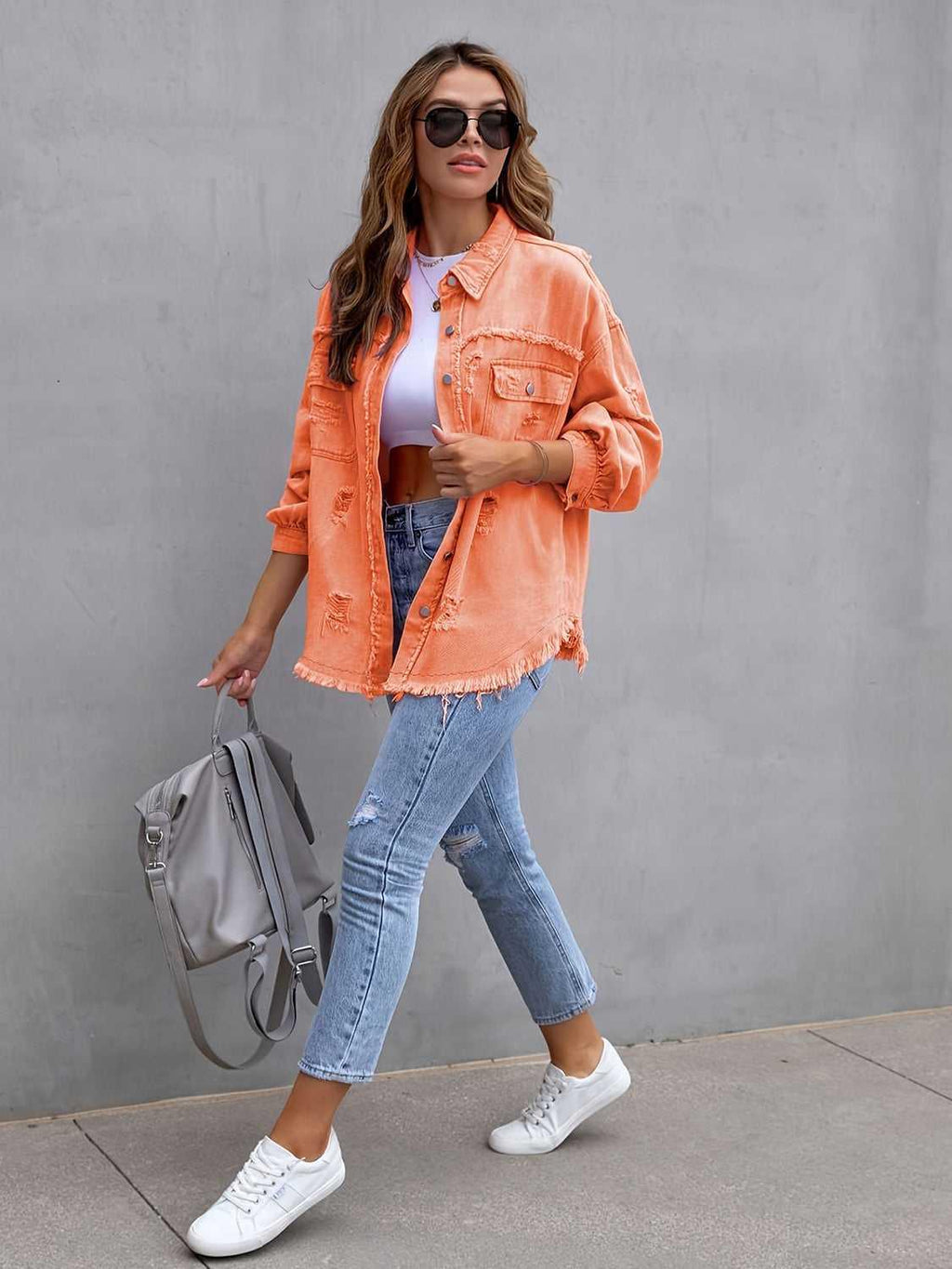 Distressed Drop Shoulder Denim Jacket -- 