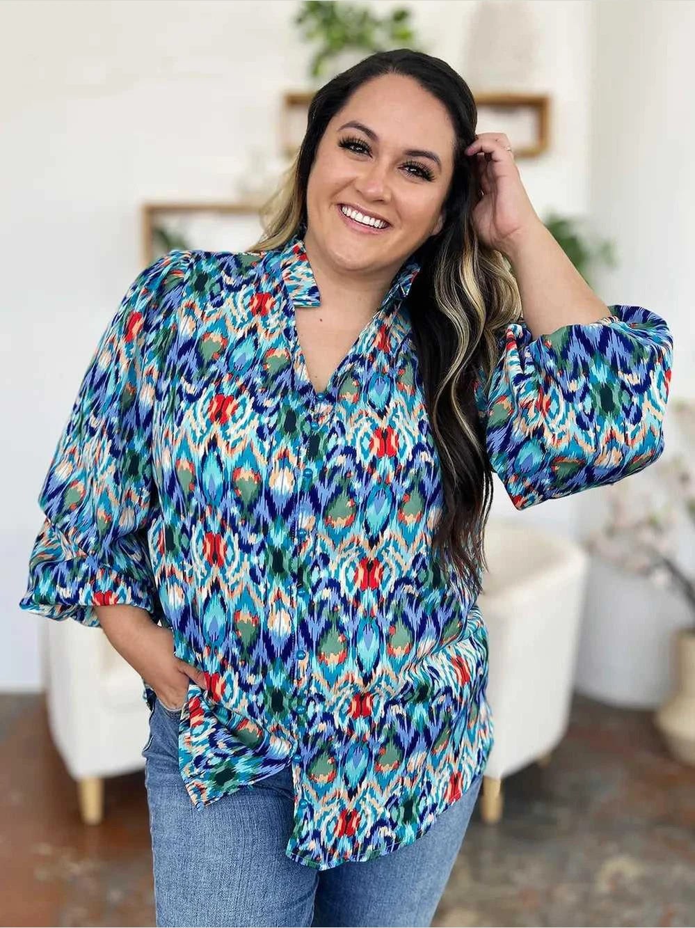 Double Take Full Size Printed Balloon Sleeve Blouse -- 