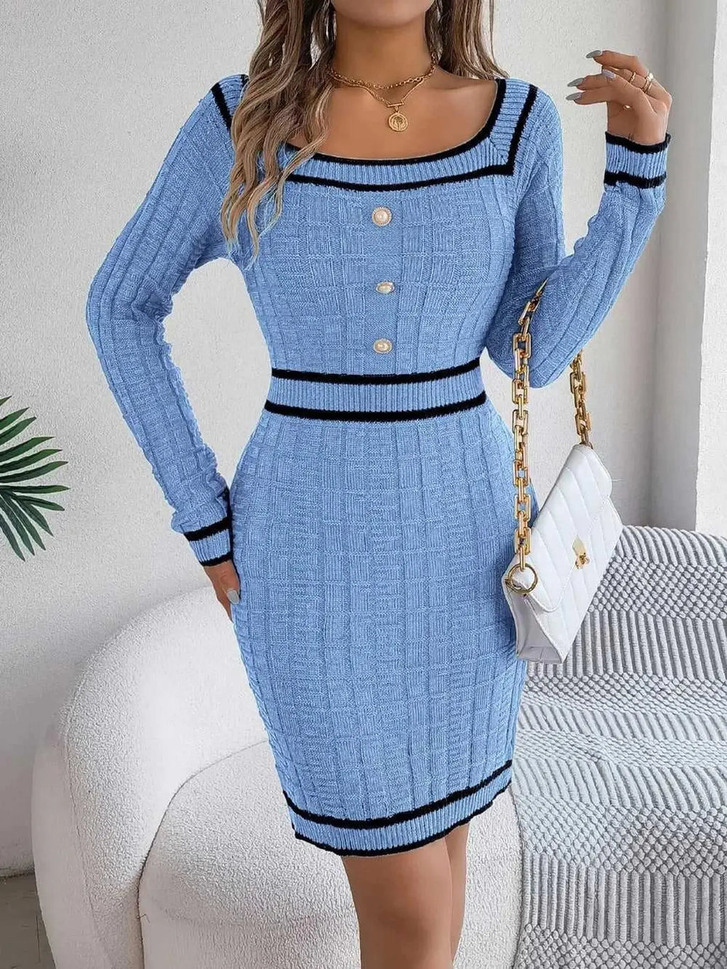 Contrast Trim Long Sleeve Sweater Dress -- 