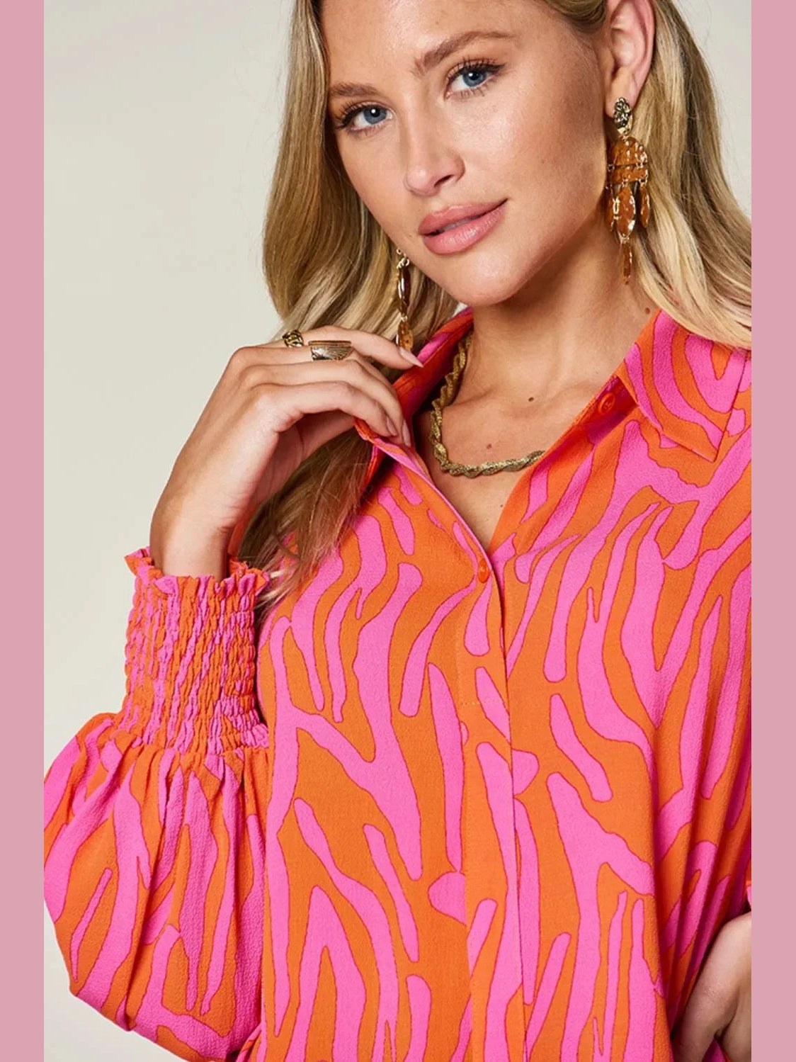 Double Take Full Size Printed Smocked Long Sleeve Blouse Plus Size -- 