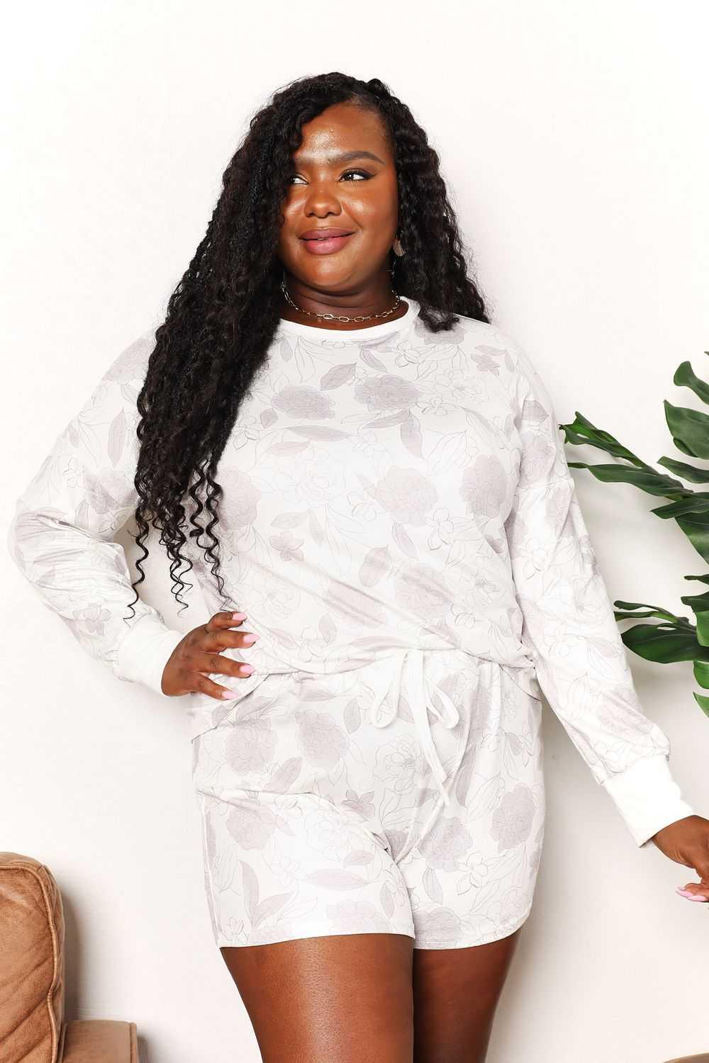 Double Take Floral Long Sleeve Top and Shorts Loungewear Set -- 