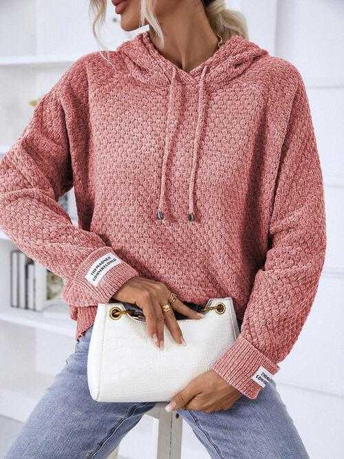 Texture Drawstring Long Sleeve Hooded Sweater -- 