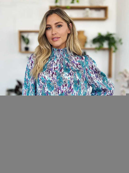 Double Take Full Size Printed Smocked Long Sleeve Blouse
