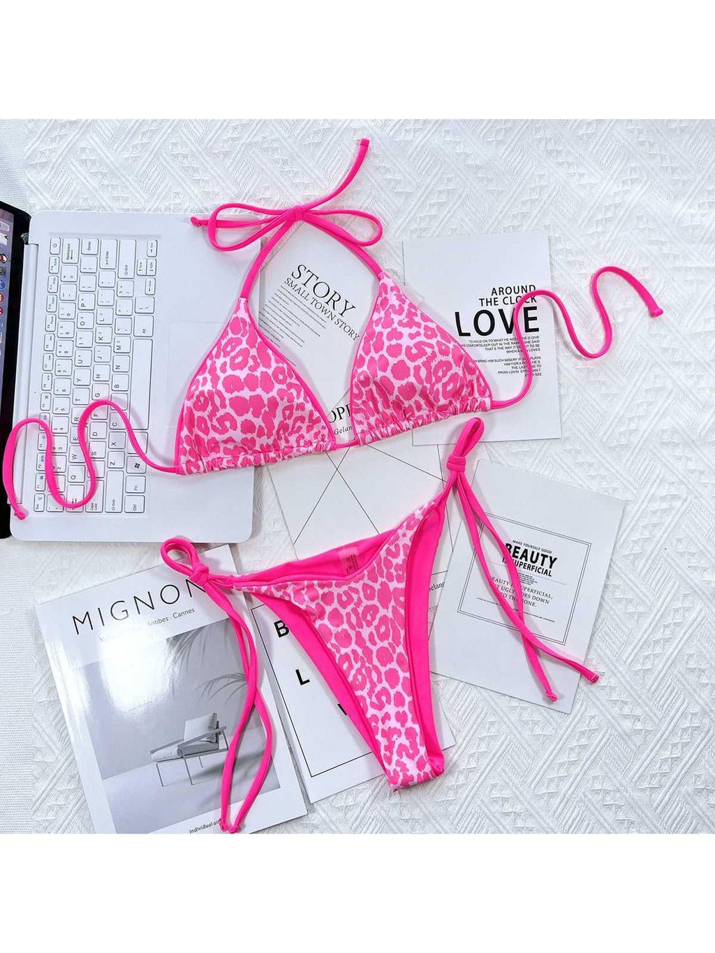 Leopard Print Halter Neck Tie Side Bikini Set -- 
