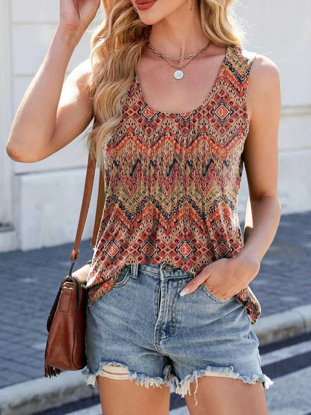 Printed Scoop Neck Wide Strap Tank -- 