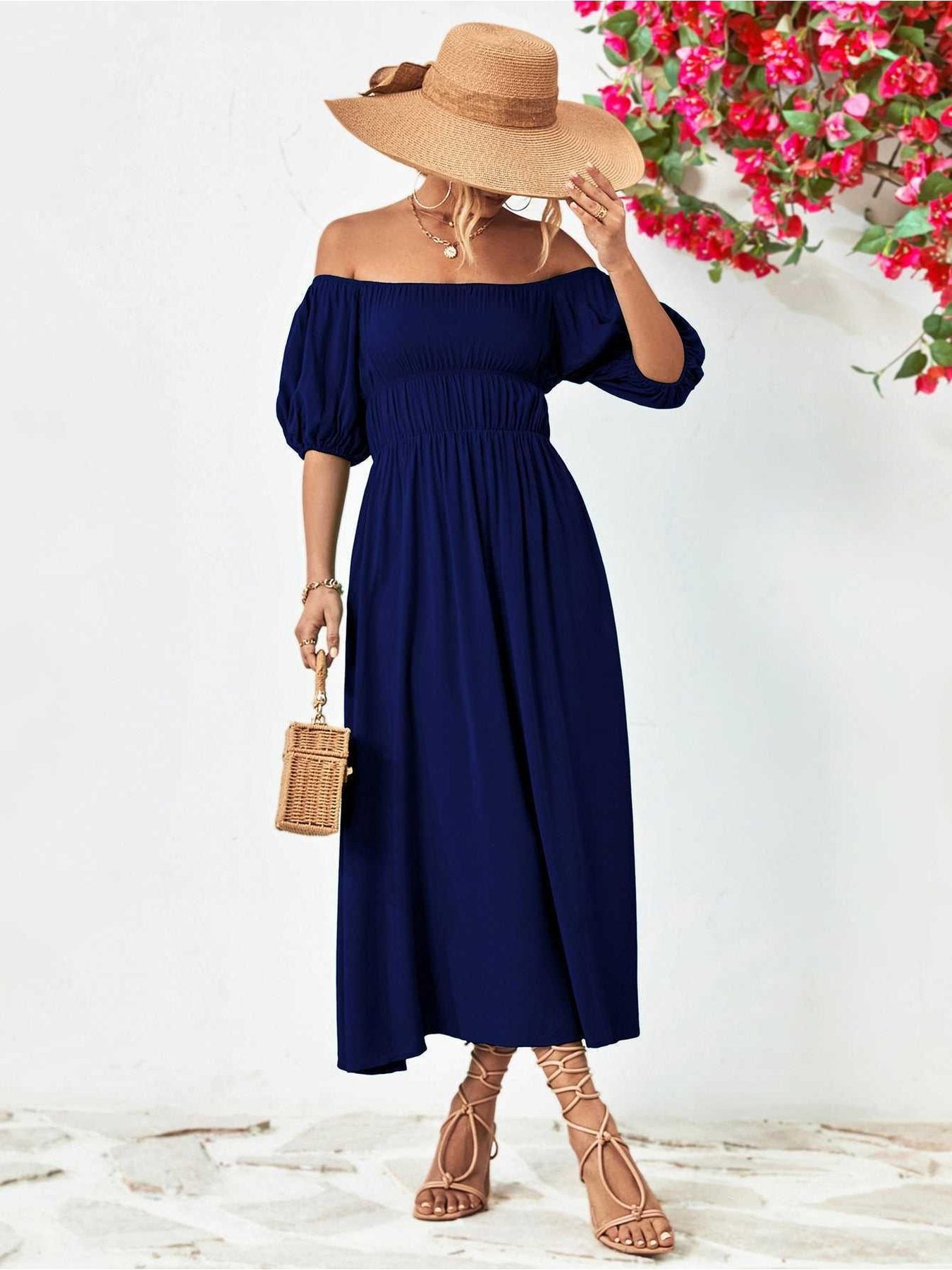 Off-Shoulder Balloon Sleeve Midi Dress -- 
