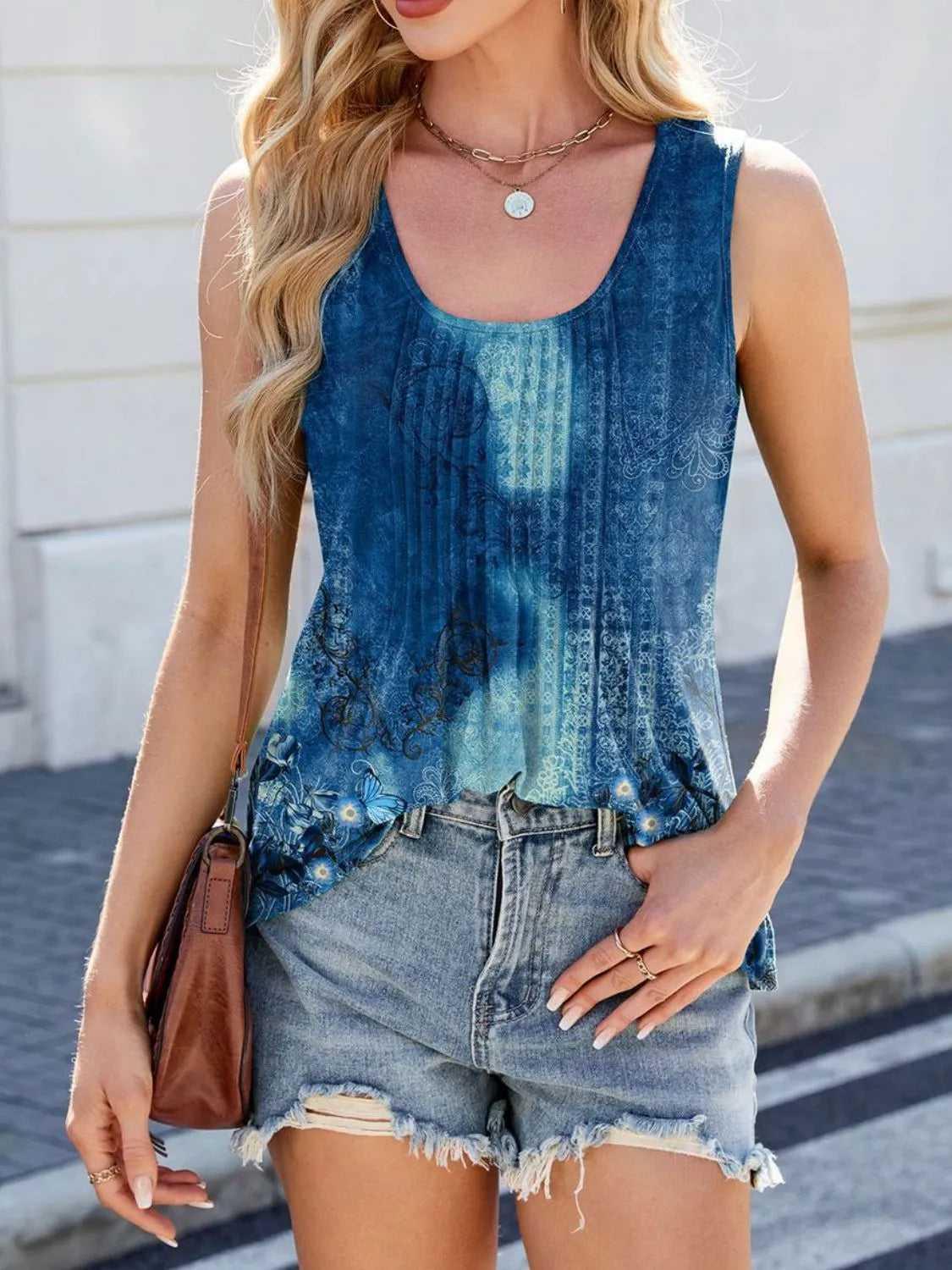 Printed Scoop Neck Wide Strap Tank -- 