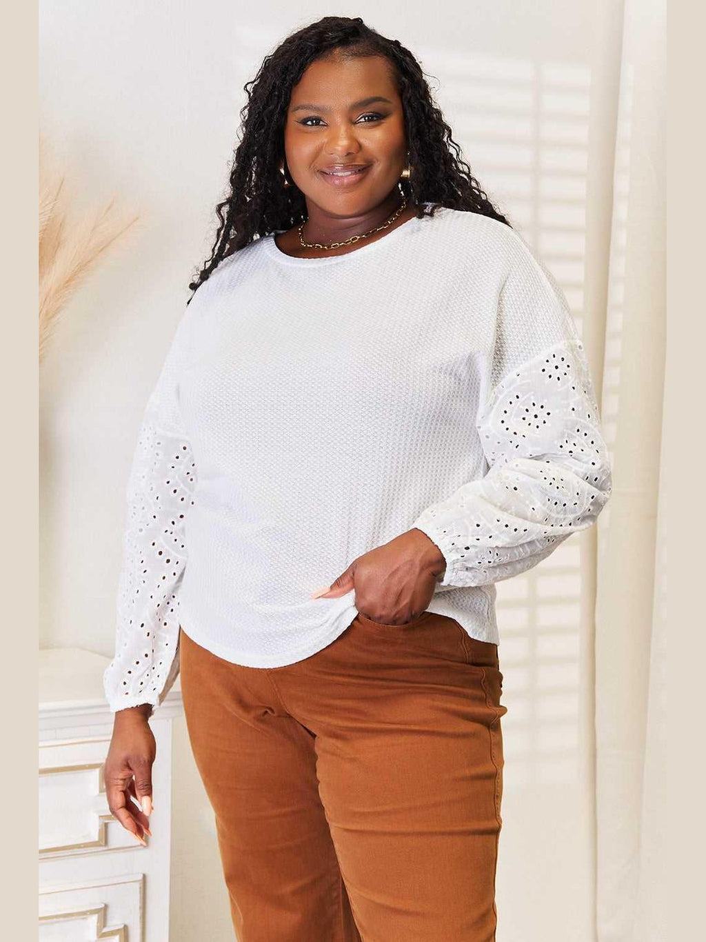 Shiny Eyelet Dropped Shoulder Round Neck Blouse -- 