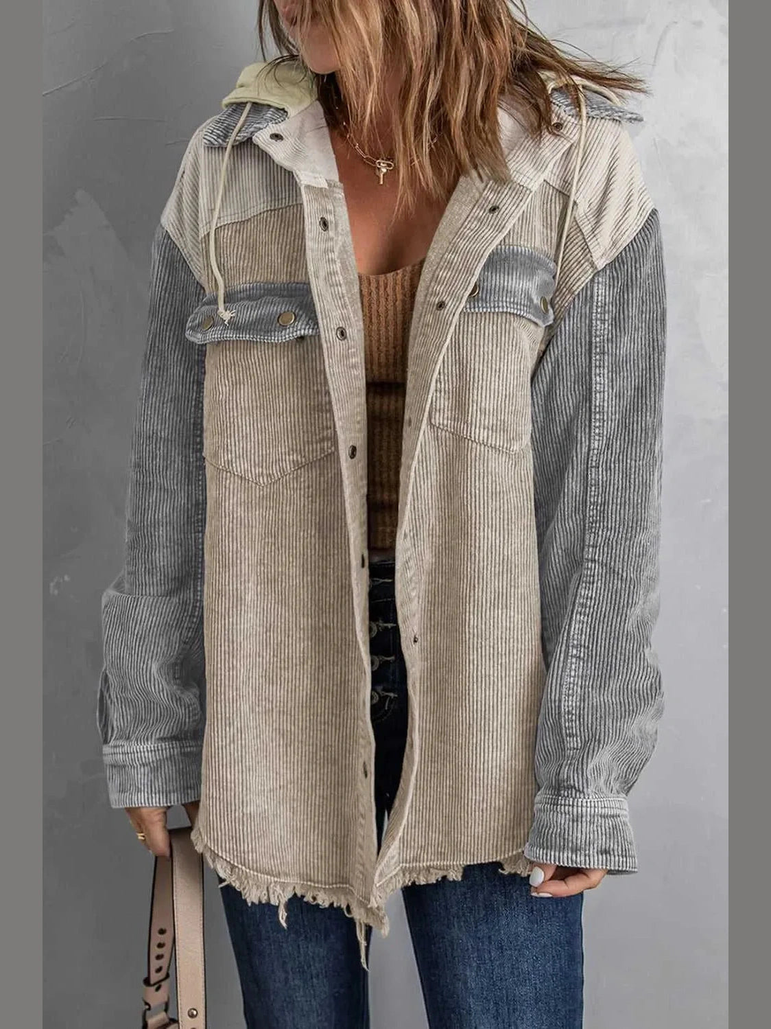 Snap Front Hooded Corduroy Shacket -- 