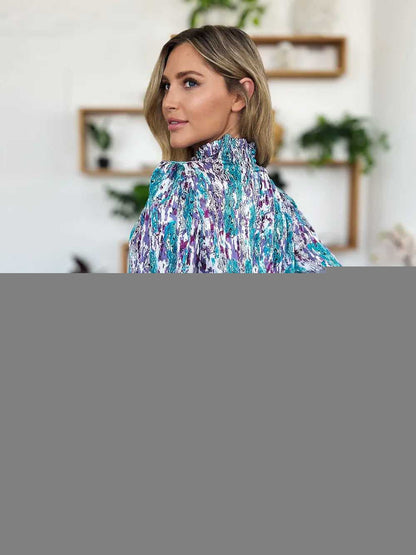 Double Take Full Size Printed Smocked Long Sleeve Blouse