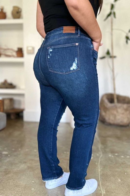 Judy Blue Full Size High Waist Rigid Magic Distress Straight Jeans