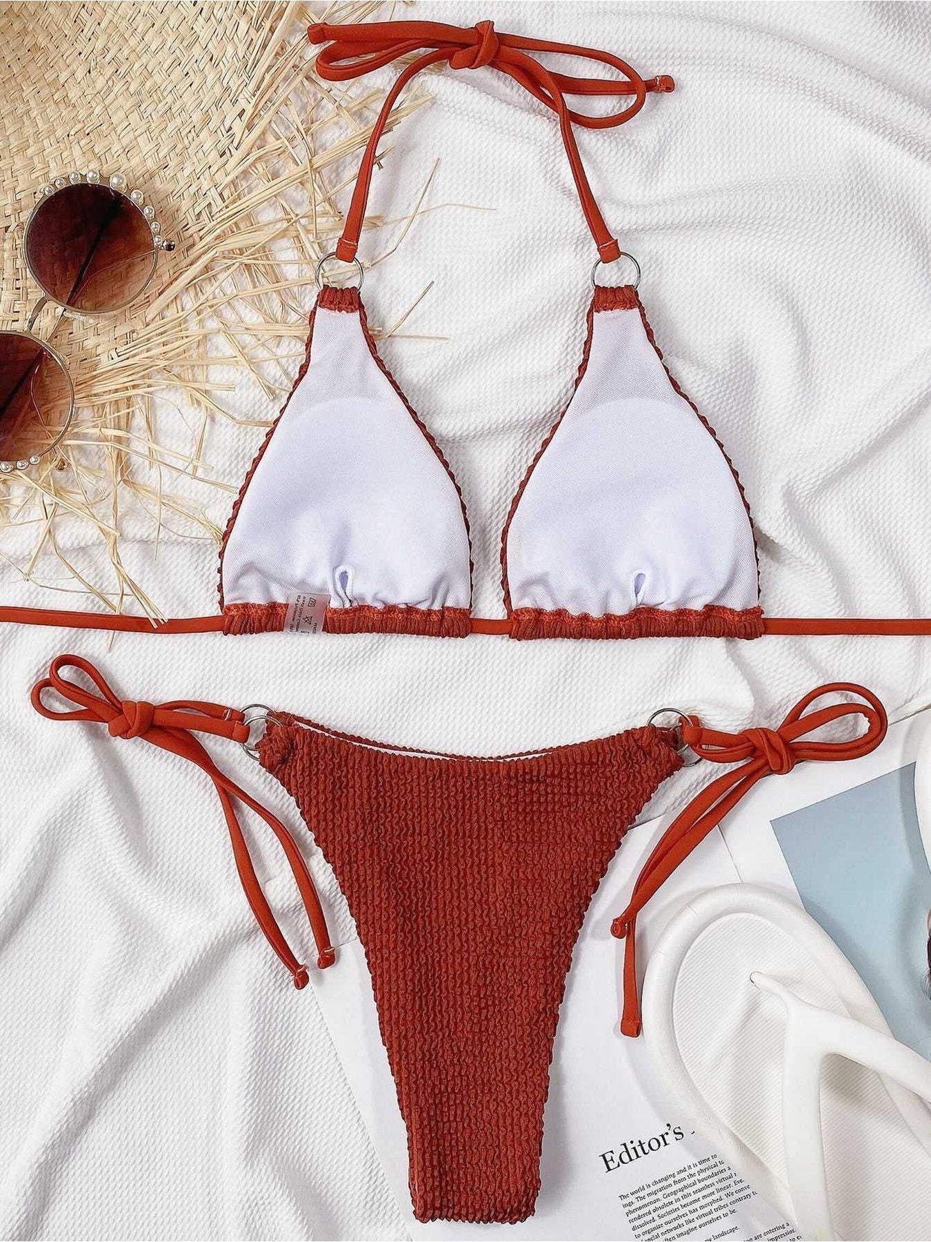 Textured Halter Neck Tie Side Bikini Set -- 