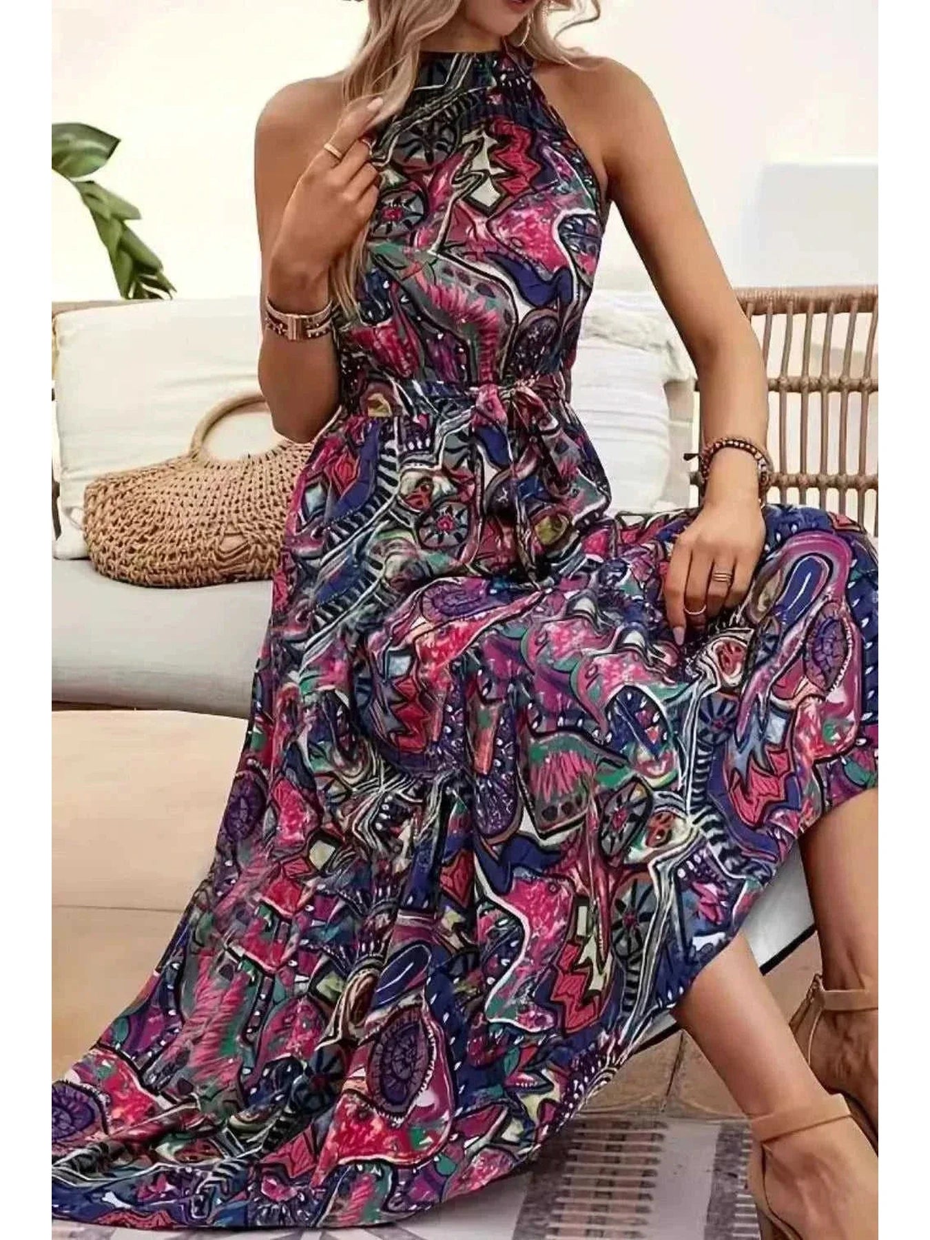 Tied Floral Sleeveless Dress -- 