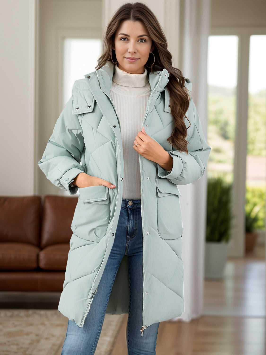 Long Sleeve Longline Hooded Winter Coat with Pockets -- 