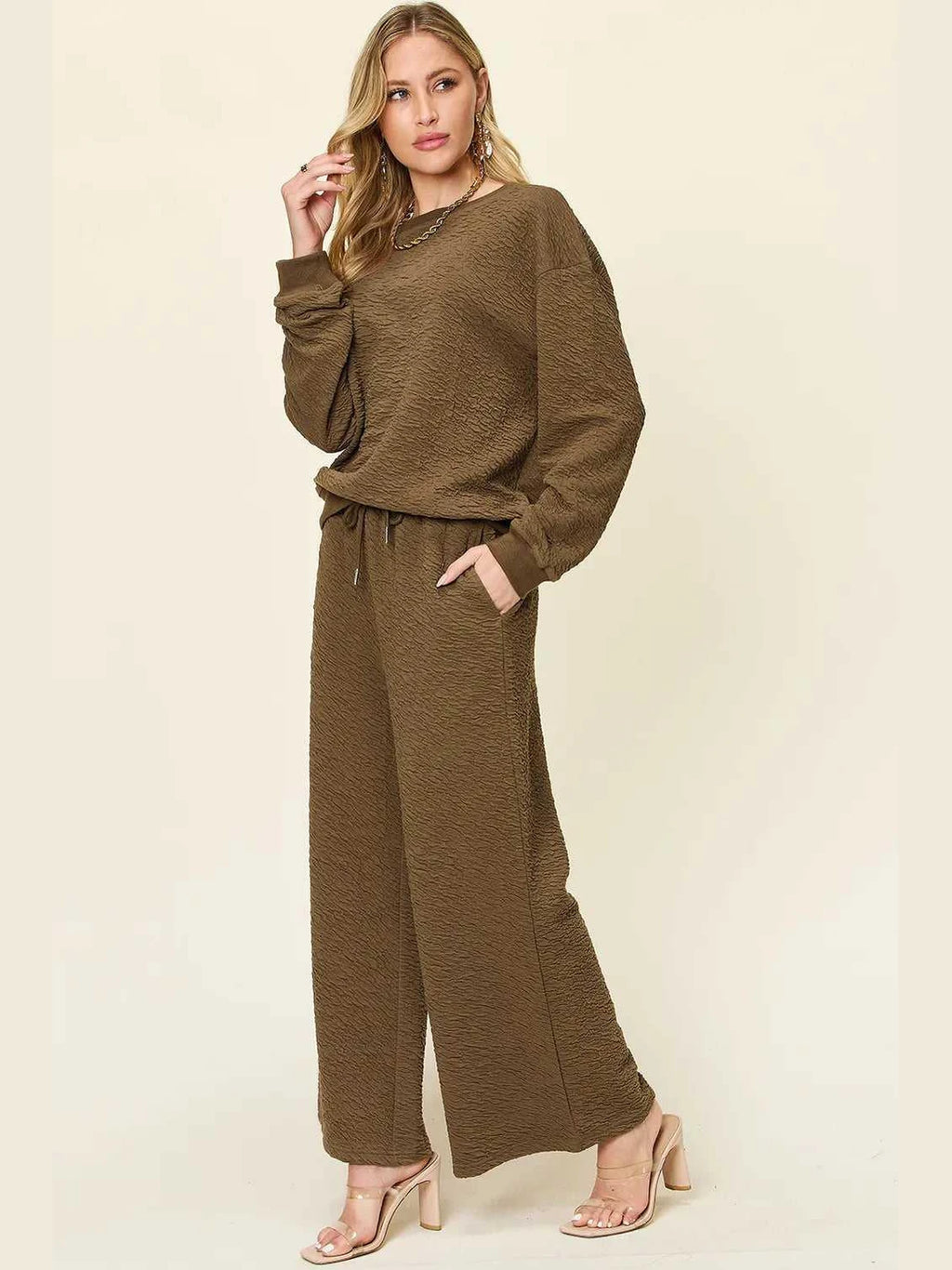 Double Take Full Size Texture Long Sleeve Top and Pants Set -- 