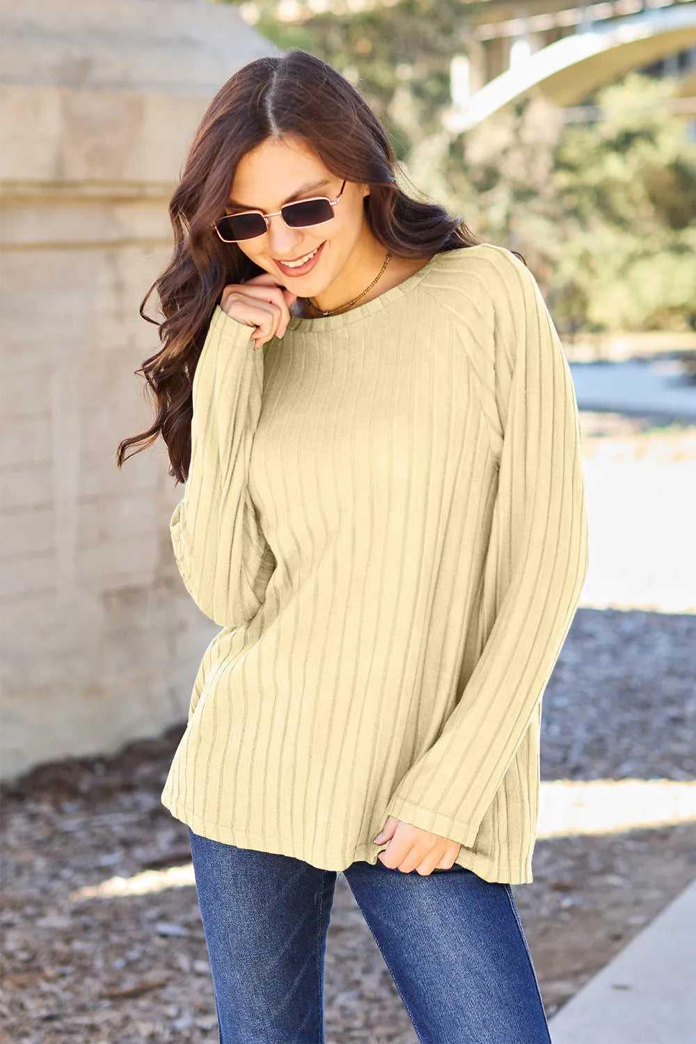 Basic Bae Full Size Ribbed Round Neck Long Sleeve Knit Top -- 