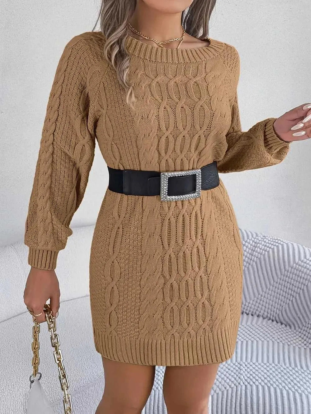 Cable-Knit Round Neck Sweater Dress -- 