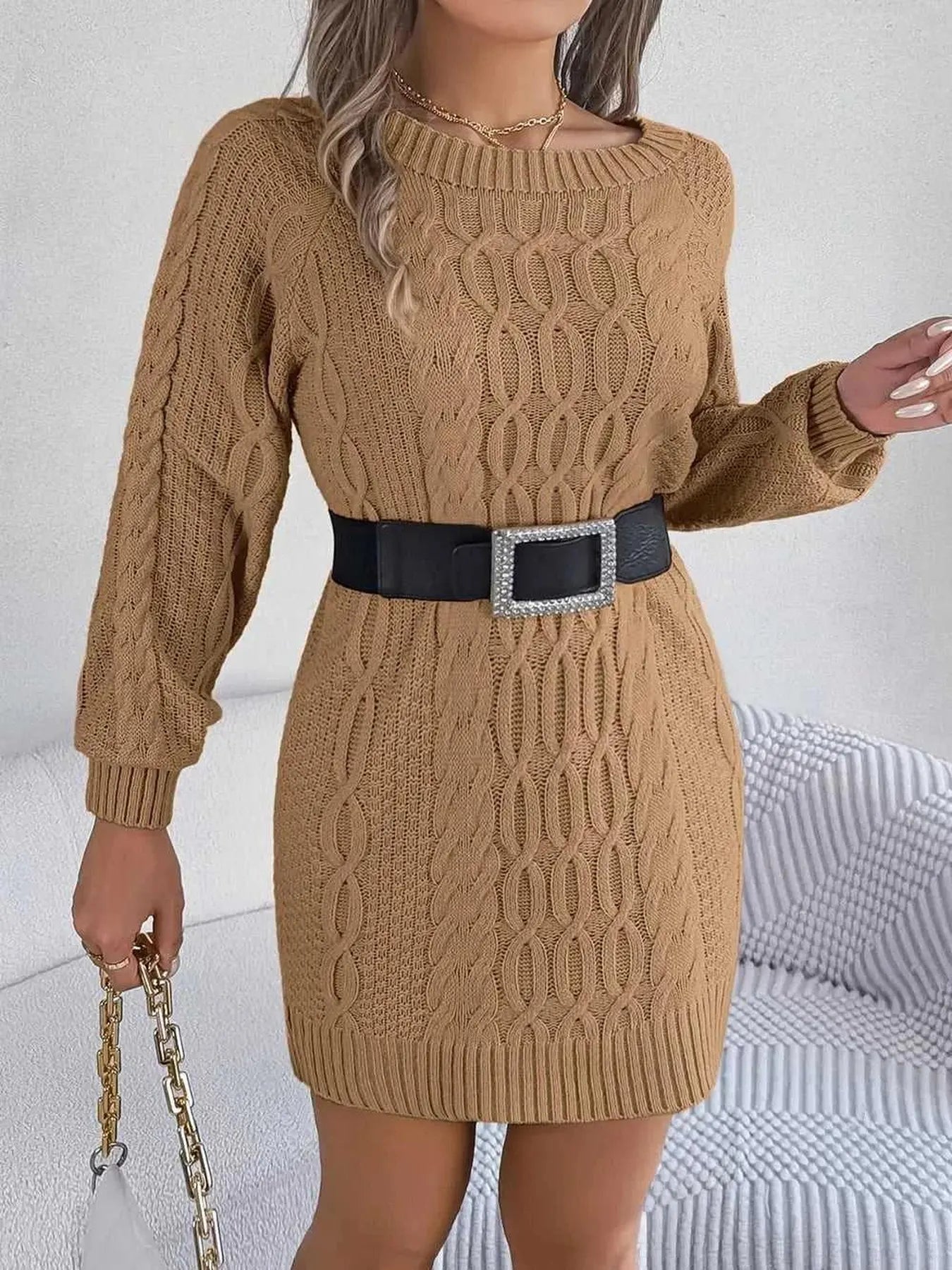 Cable-Knit Round Neck Sweater Dress -- 