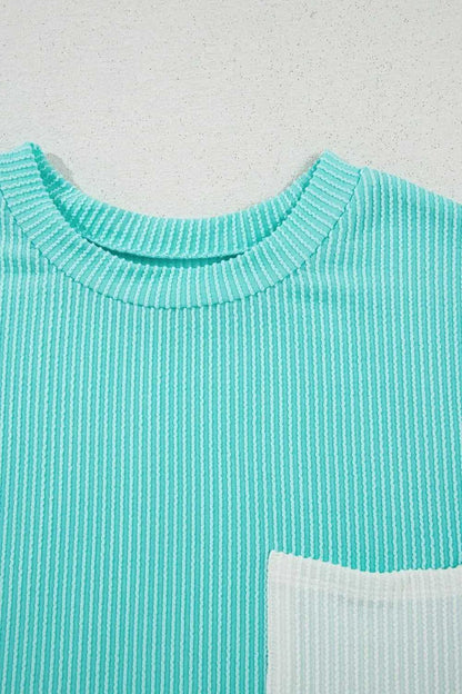 Corded Knit Color Block Pocketed Crew Neck T Shirt