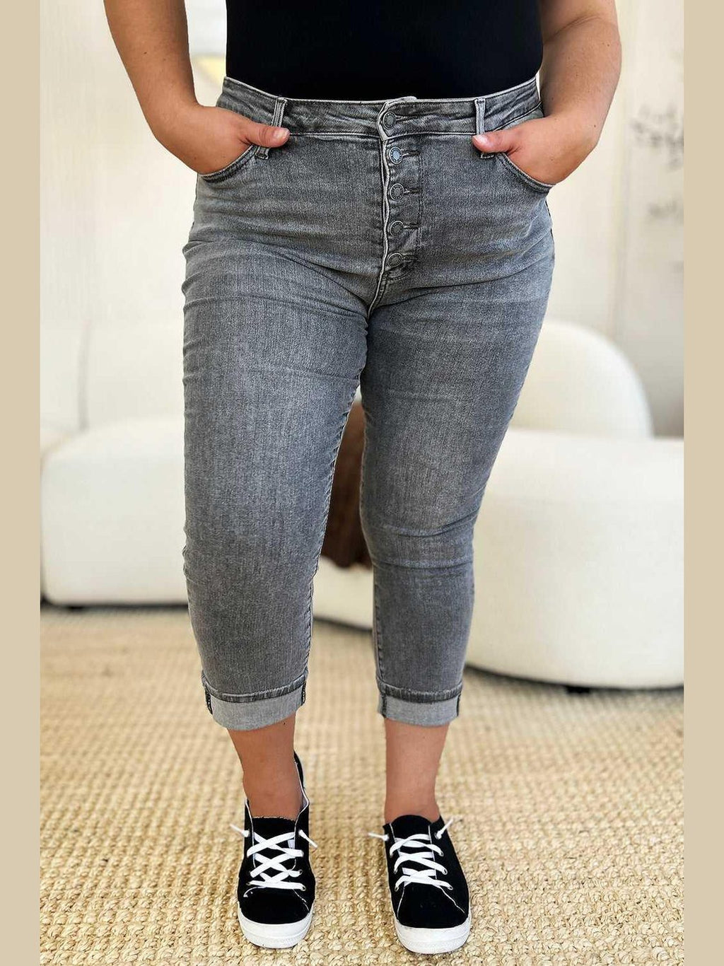 Judy Blue Full Size Button Fly High Waist Cuffed Capris -- 