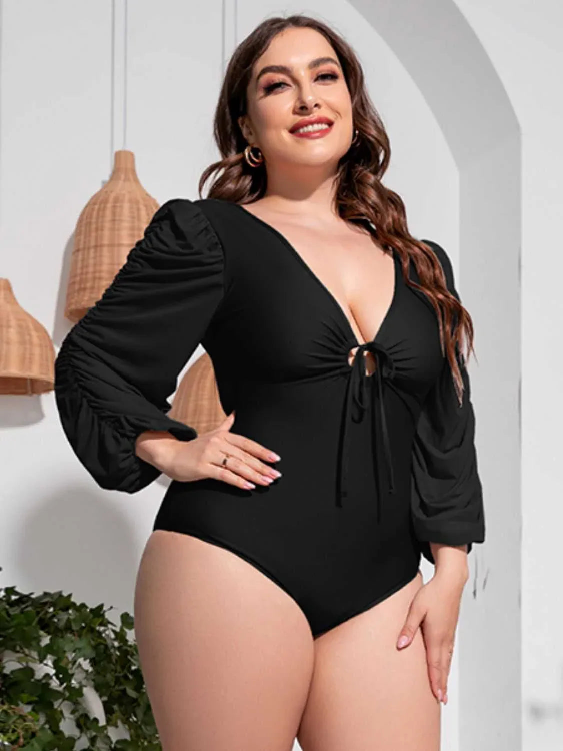 Plus Size Tied Deep V Balloon Sleeve One-Piece Swimsuit -- 