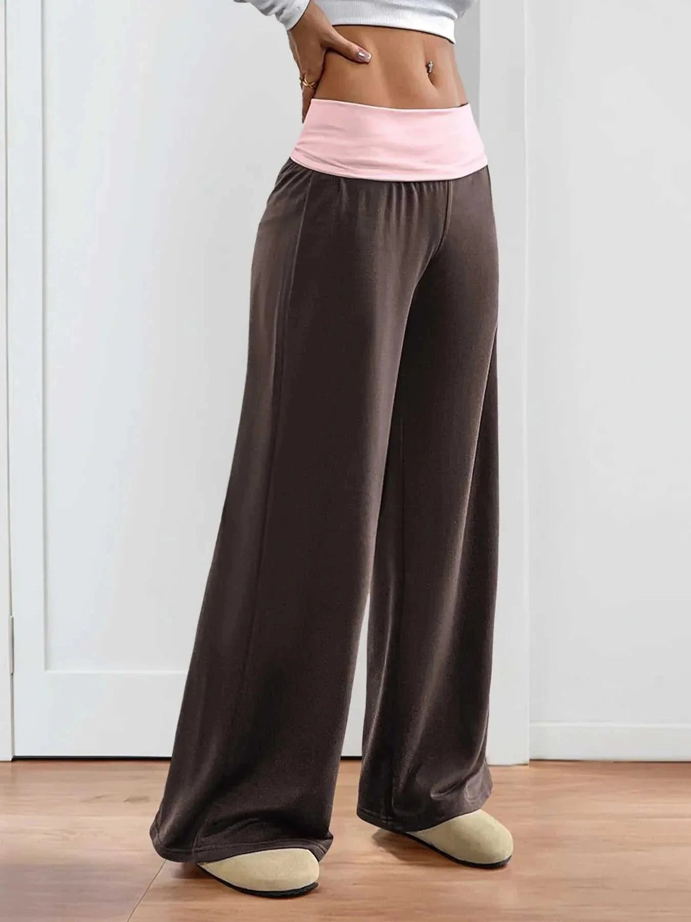 Contrast Waistband Wide Leg Pants -- 