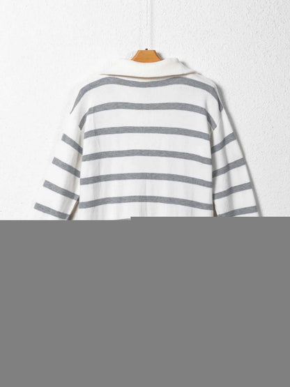Striped O-ring Zip Collared Loose Sweater Mini Dress