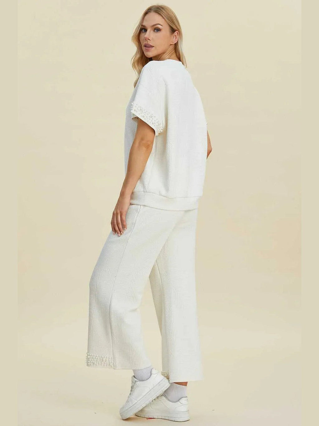 Double Take Full Size Pearl Detail Round Neck Top and Pants Set -- 