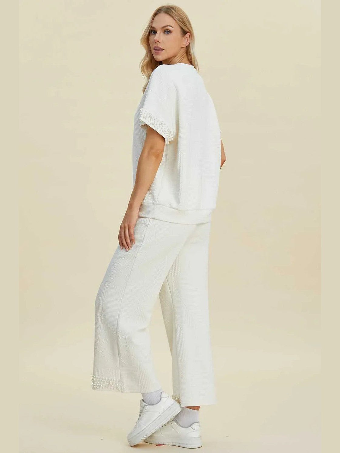 Double Take Full Size Pearl Detail Round Neck Top and Pants Set -- 